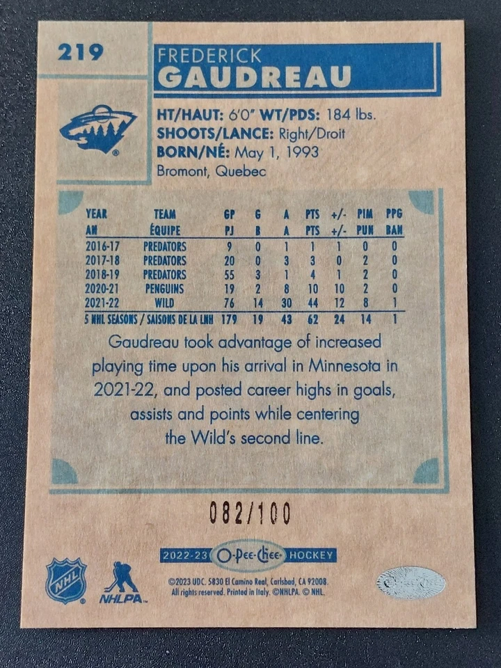 2022-23 O-Pee-Chee Frederick Gaudreau OPC Retro Black Card #219. Serial #82/100 - Image 2 of 3