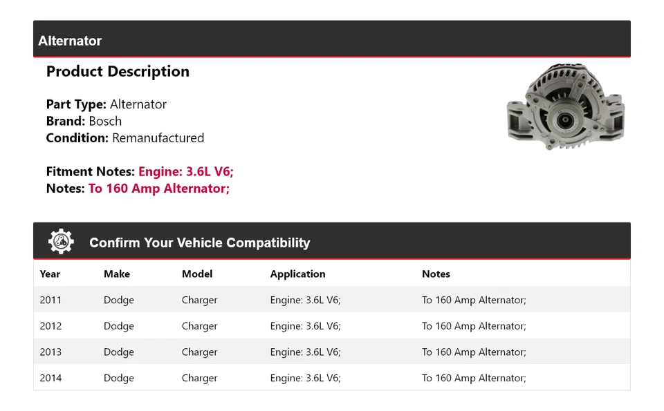 Alternador Bosch para Dodge Charger 2011-2014 3,6 L V6 (remanufacturado) 2012 2013 Foto 2 de 4