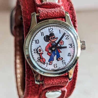 Mickey Mouse Wristwatch Animated Dial 25mm 1 Jewel Mechanical Watch Bund Strap