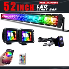 52" RGB LED Work Light Bar Multi Color Music Strobe W/Pods Off Road Bluetooth