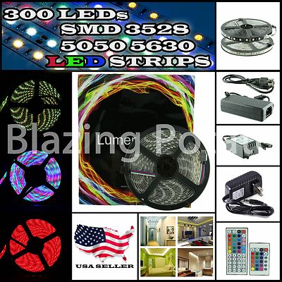  5M SMD 3528 5050 5630 300 LEDs RGB LED Strip Light 12V Power Supply USA Seller 