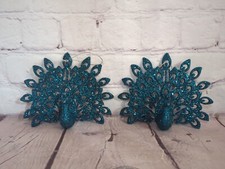 Set Of 2 Blue Glitter Plastic Peacock Christmas Ornament 5" Tall 5.5" Wide A3
