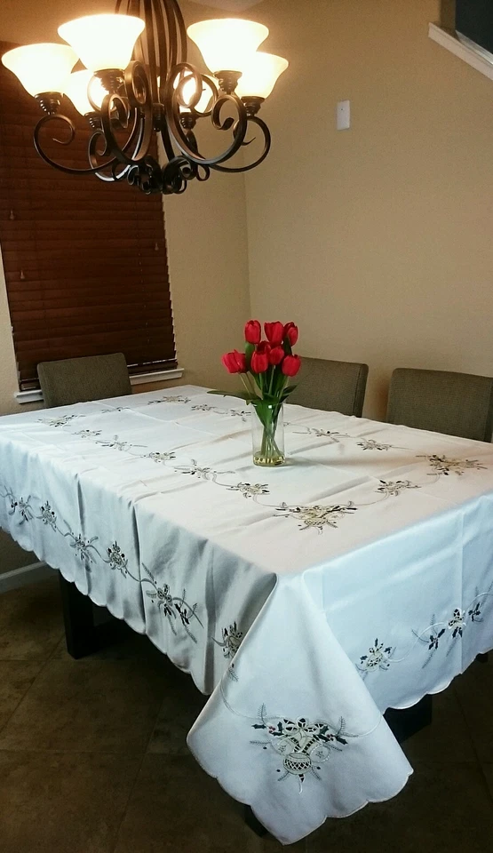 54x72" Embroidery Cutwork Christmas Embroidered Tablecloth Napkins Elegantlinen - Image 4 of 4