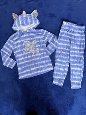 Sleep On It Girls Blue Tie Dye Hooded Unicorn Pajama Set Size 4/5 Long Sleeves