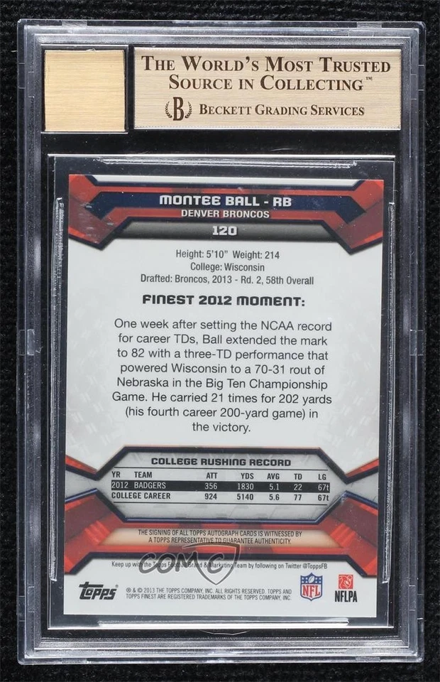 2013 Topps Finest Rookie Blue Refractor /25 Montee Ball BGS 9.5 GEM MINT Auto RC - Image 2 of 2
