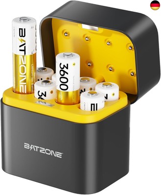 BATZONE Wiederaufladbare Lithium Akkus AA 8-Pack mit Ladegerät, 3600mWh Hohe 