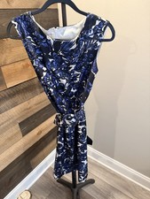 Talbots Women's Navy/White V-Neck Lined Midi Chiffon Dress Belted | Size 8