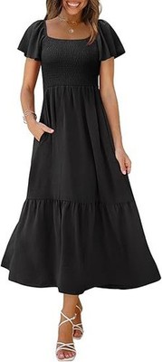Women's Hot Square Neck Butterfly Sleeve Ruffled Short Sleeve Pocket Dress