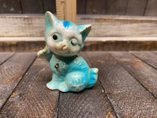 Vintage Ceramic Cat Ornament Figurine Blue Whimsical Style 2.5in Tall