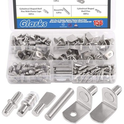 156Pcs 6 Styles Shelf Pins Kit, Nickel Shelf Support Pegs, PVC Shelf Pins, Flat