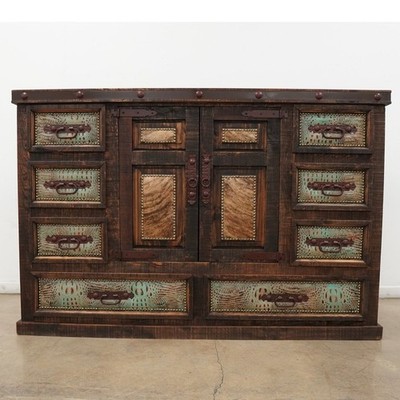 Western Tooled Leather & Cowhide Multi-Drawer Dresser Cabinet-Orig. Price $3,800