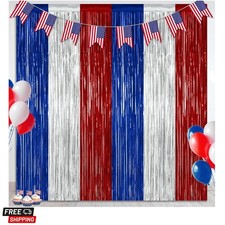 2 Pack Blue Silver Red Foil Curtain Streamer Decorations Blue Silver Red, M...