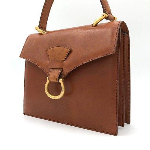 CELINE Vintage Leather Handbag Brown Red Interior Gold Ring Classic Authentic