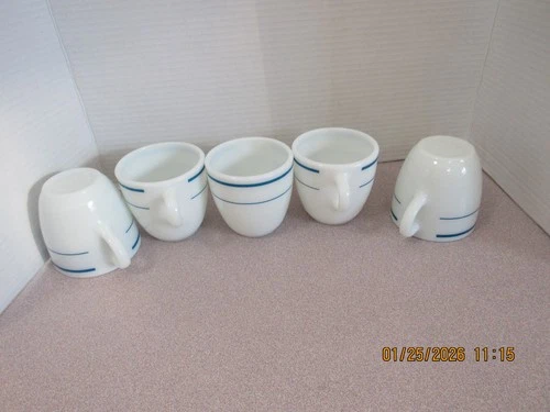 VTG Pyrex Tableware by Corning Coffee Cups Mugs Blue Stripes Set of 5