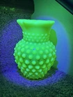 Vtg Fenton Vaseline Hobnail 5.5” Vase Excellent Rare HTF UV Glows