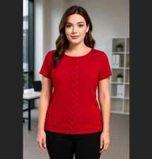 Cable & Gauge Knit Top LARGE Red Lattice Criss Cross Scoop Neck Short Sleeve EUC