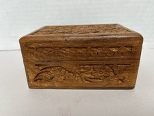 Vintage Hand Carved Wooden Trinket Jewelry Box Floral Design Hinged Lid 5"