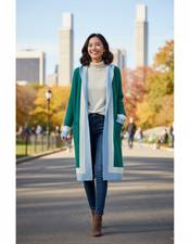 Women Long Knit Cardigan Open Front Color Block Sweater Coat Casual Fall Jacket