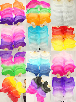 Bag Handmade Pair 1.5M Belly Dance 100% Silk Bamboo Fan Veil Multicolor