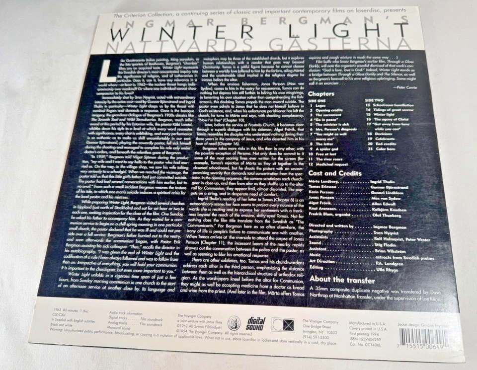 INGMAR BERMAN WINTER LIGHT THE CRITERION COLLECTION LASERDISC EXCELLENT SWEDISH - Image 2 of 2