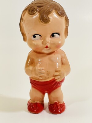 Vintage Irwin Kewpie Molded Baby Doll Rattle Shaker 6 1/2'' Red Pants Made USA