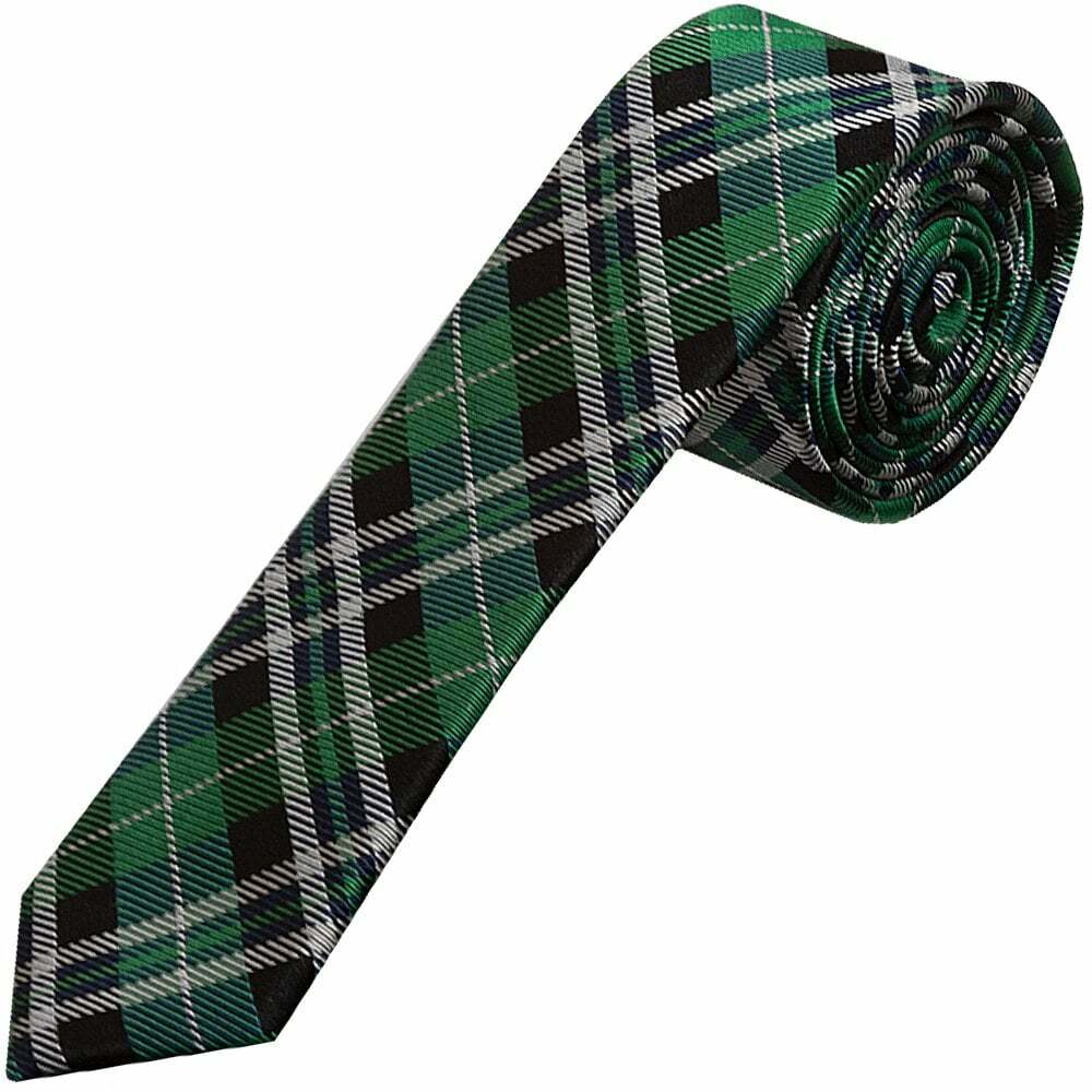 Green and White Tartan Silk Skinny Boys Tie Childrens Wedding Tie