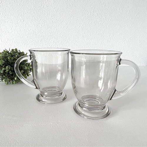VTG Anchor Hocking Café Clear Glass Mugs W/ Handle Set of 2 Coffee Hot Beverages
