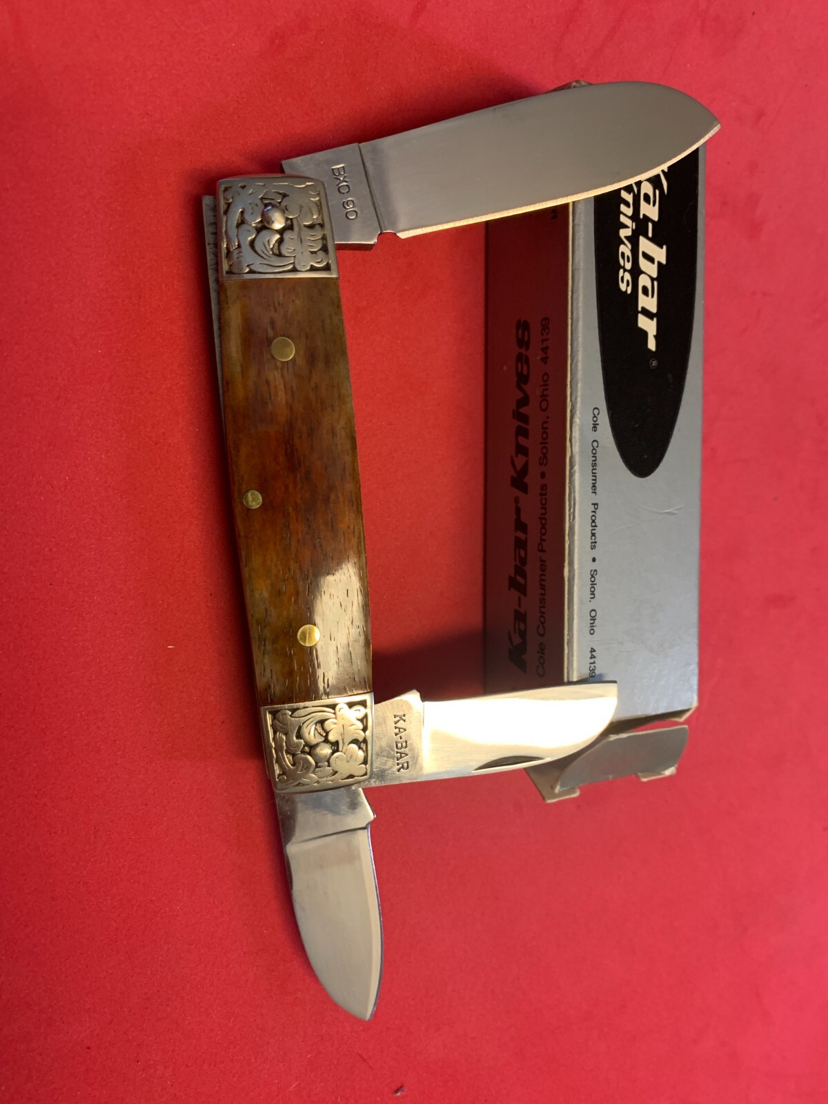 Ka-bar Pocket Knife Box Car Whittler Brown Smooth Bone Engraved Bolsters MIB