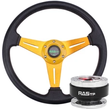 14inch Gold Steering Wheel Drifting Deep Dish+Horn+Black Quick Release Adapter