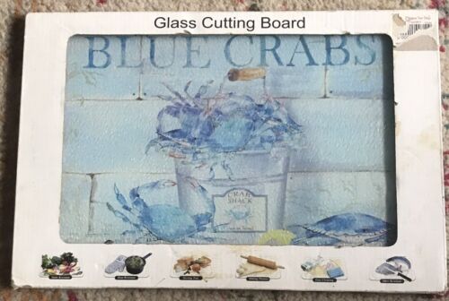 COASTAL Glass Cutting Board 8" X 12" BLUE CRABS - Picture 1 of 4
