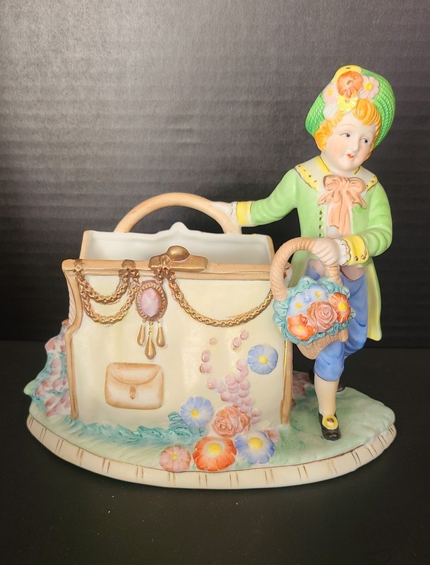 Vintage Bisque Porcelain Boy With Purse Figurine Planter Vase Collectible 7 x 7