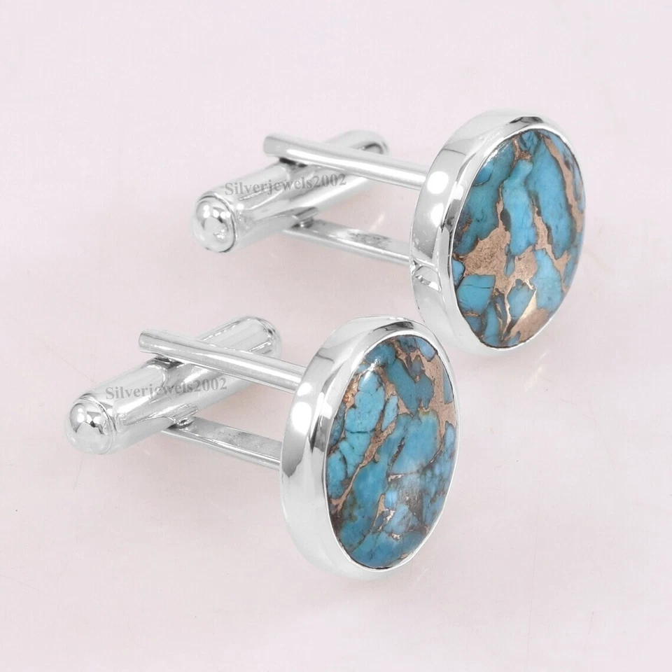 Amerikanisch Kupfer Türkis 925 Sterlingsilber Runde Manschettenknöpfe - Bild 2 von 4
