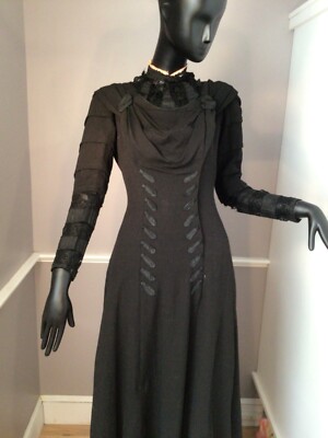 Authentic Edwardian Black Gabardine Silk Petticoat, Lace sleeve Long Dress  (E27) | eBay