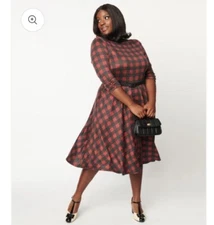 💫UNIQUE VINTAGE💫Burgundy & Black Buffalo Plaid Knit Devon Swing Dress NWT 5XL