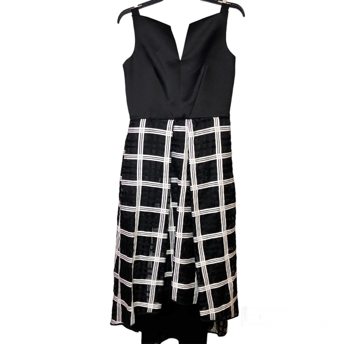 Milly Plaid Windowpane Sleeveless Satin Mixed Media MIDI Dress Black White  6 | eBay