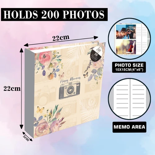 6"x4" Photo Album Slip-in 200 Pockets Memo Section Happy Memories Design Gift - Picture 2 of 11