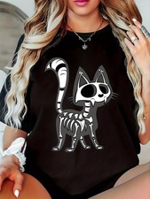 Plus Size Womens Plus Size Gothic Cat Print T Shirt Oversized Round Neck Short