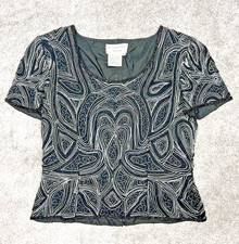 Papell Boutique Women's Size Small Beaded Top Blouse Shell Silk Zipper Black