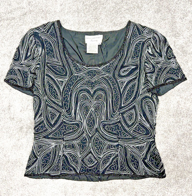 Papell Boutique Evening Women's Small Top Blouse Shell Silk Beaded Zipper Black
