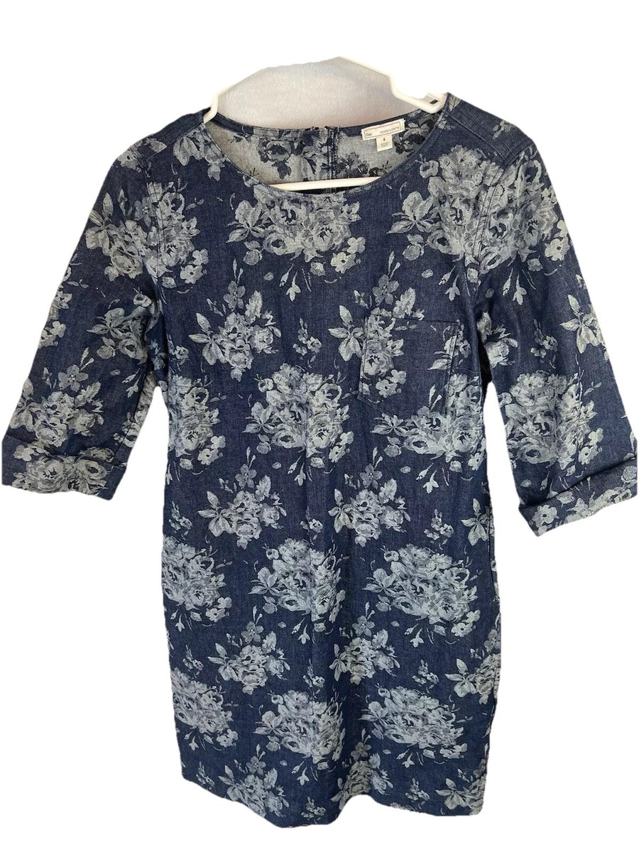 Gap Blue Jean Denim Dress Boho Size 4 Floral 3/4 Sleeves Cotton 2% Spandex  Zip | eBay