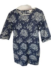 Gap Blue Jean Denim Dress Boho Size 4 Floral 3/4 Sleeves Cotton 2% Spandex Zip