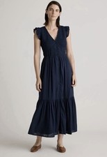 Quince Women Organic Textured Cotton Smocked V-Neck Midi Dress Navy Size L