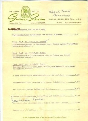 Gruner Baum Menu Gasthof Hotel Donaueschingen Germany  1965