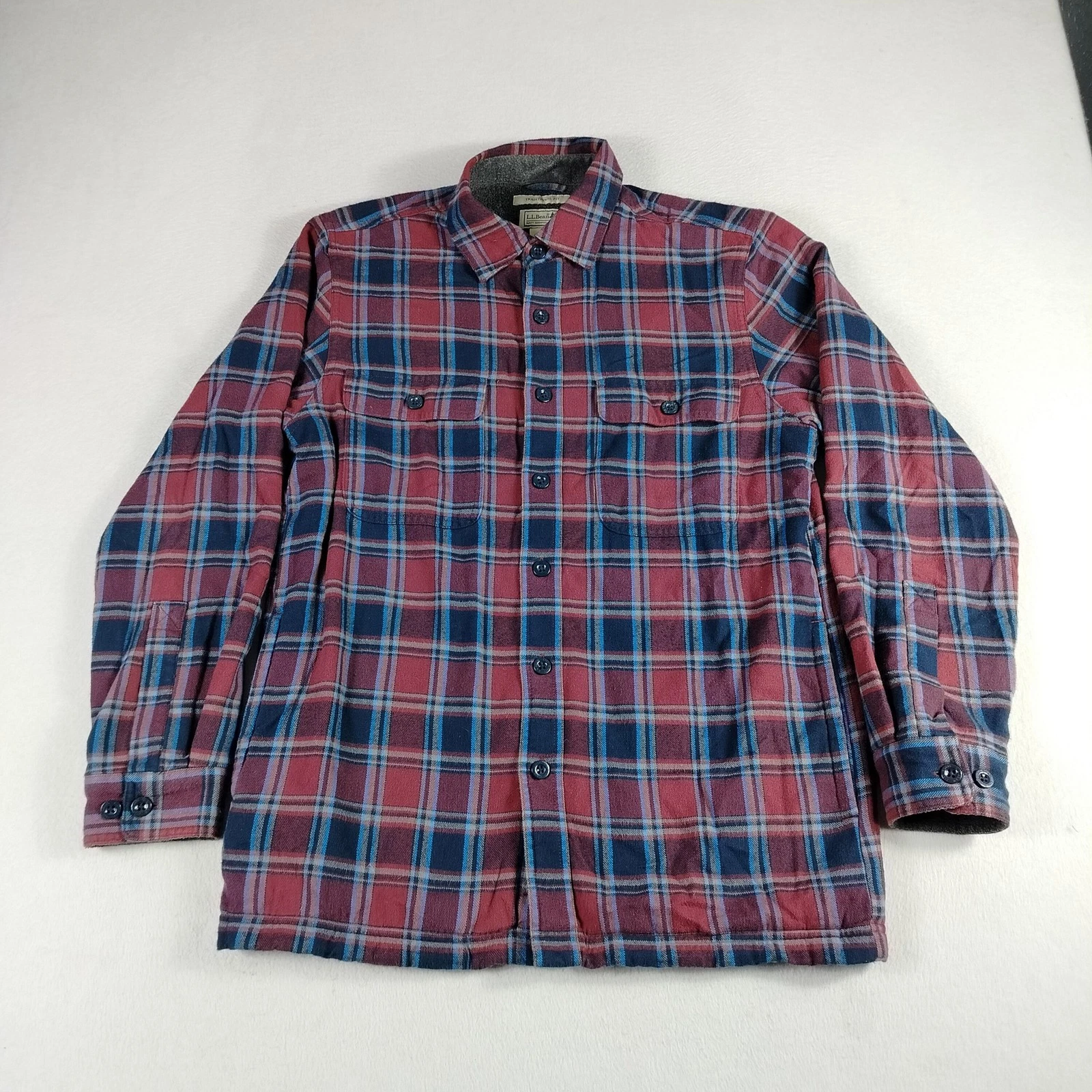 LL Bean Shirt Jacket Mens Small Red Blue Plaid Flannel Fleece Lined Outdoor