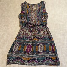 Lucky Brand Womens Large Boho Paisley Rayon Sleeveless Mini Dress Purple Teal L