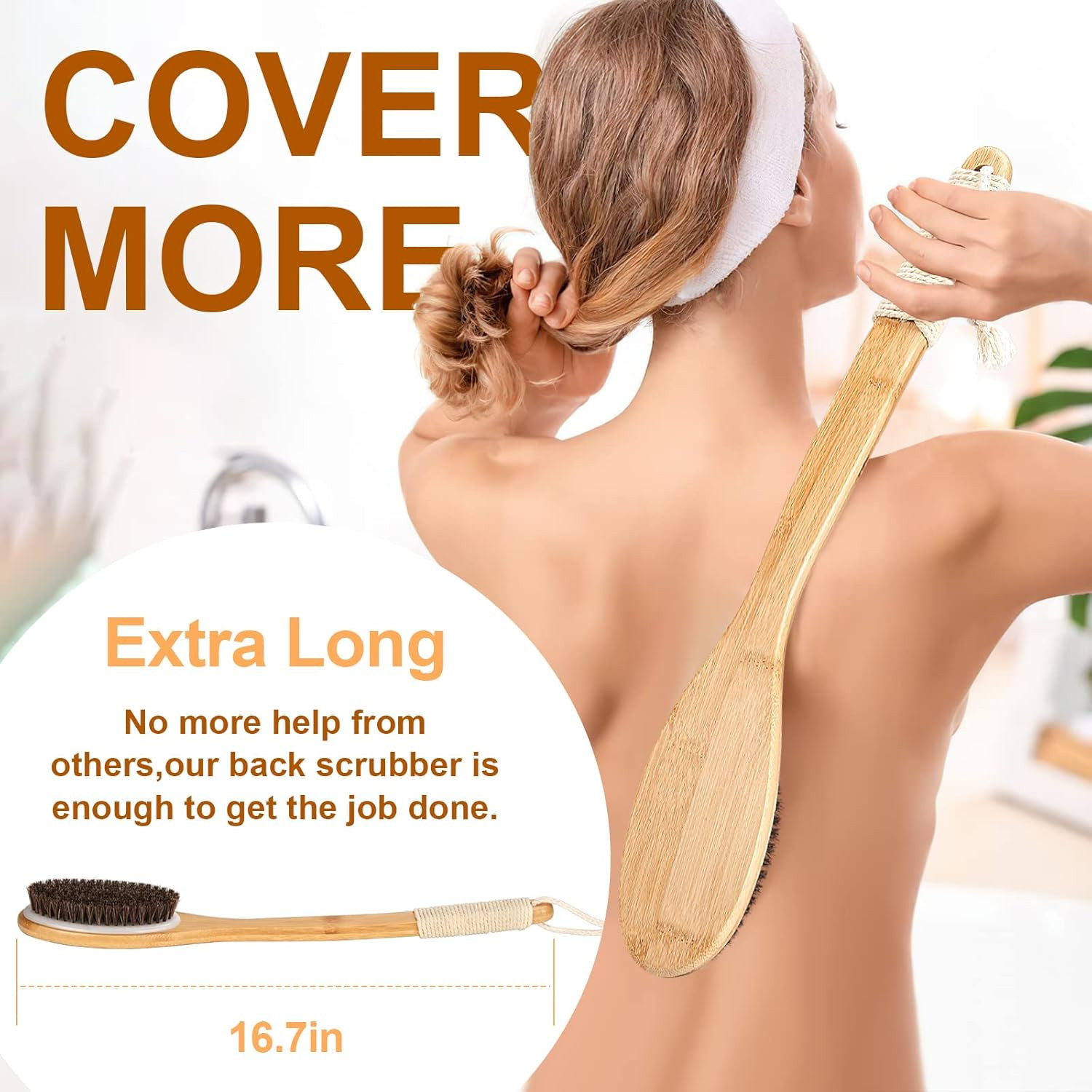 Bamboo Shower Brush with Curved Long Handle, 16.7 Inches Exfoliating Back Scrubb