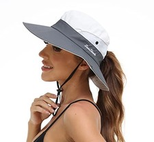 Womens Summer Sun Hat Beach Hat Wide Brim Outdoor UV Protection 6-7 Grey beige