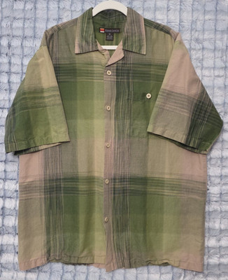 Pierre Garcia Button Up Linen Shirt Men's XL Green Plaid Casual Dress Comfort