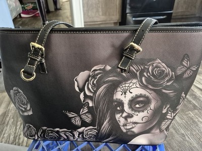 Black Gray Floral Butterfly Shoulder Bag for Women with Printed Accents