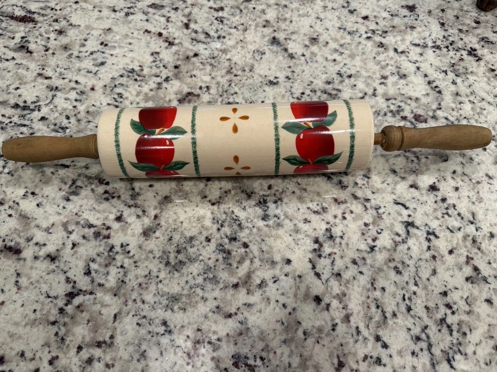 Vintage Ceramic Rolling Pin Classic Country Apple Design With Wood Handles 18"